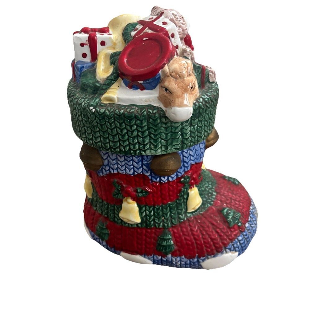 VTG Christmas Stocking Cookie Jar Ceramic Teddy Bear Presents Cute Decor RARE